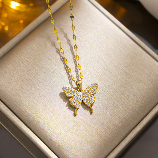 Sweet Butterfly 18K Gold Steel Rhinestone Pendant Necklace