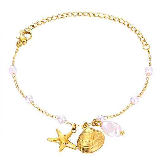 "Starfish and Seashell" Bracelet, 18K Gold Plated Steel