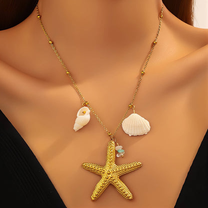 "Starfish And Seashell" Necklace, 18K Gold Plated Steel