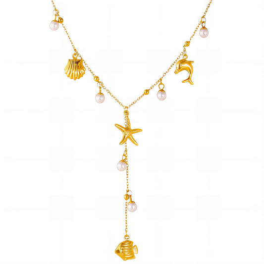 "Starfish and Seashell" Necklace, 18K Gold Plated Steel