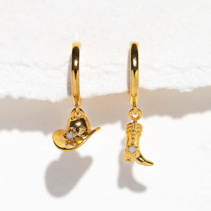 Cowboy Style Hat Boots 18K Gold Plated Drop Earrings