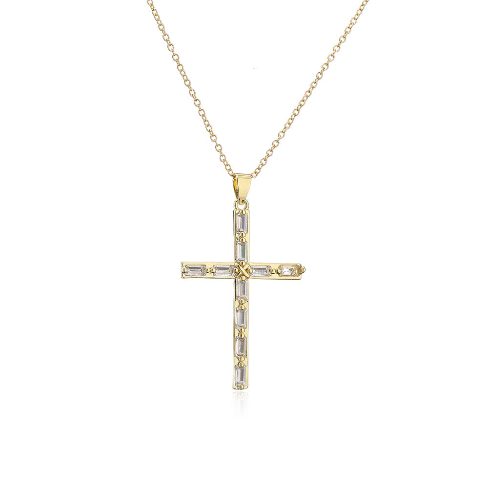 Zircon Cross 18K Gold Gold Plated Steel Pendant Necklace