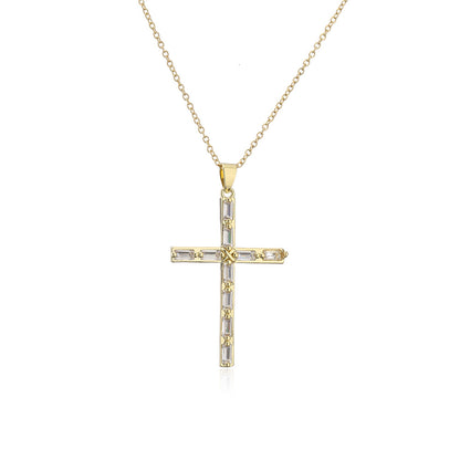 Zircon Cross 18K Gold Gold Plated Steel Pendant Necklace