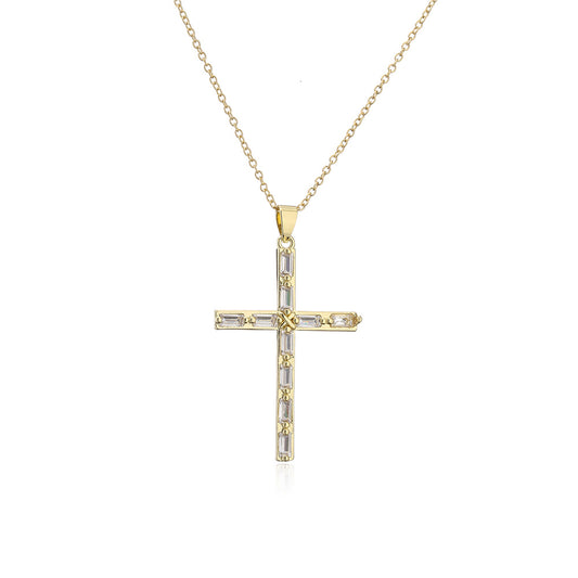 Zircon Cross 18K Gold Gold Plated Steel Pendant Necklace