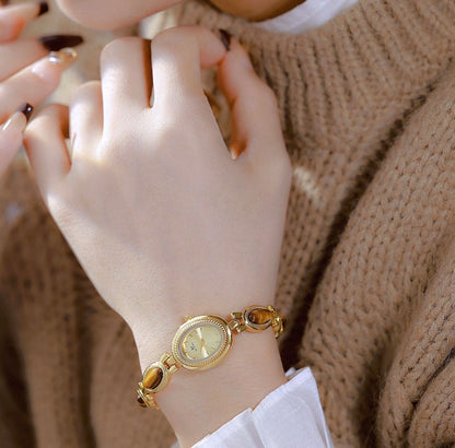 Watch Vintage Gold Tone Alloy Strap Inlaid Tiger Eye Stone Oval Dial Elegant Luxury Ethnic Style Lady Wristwatch