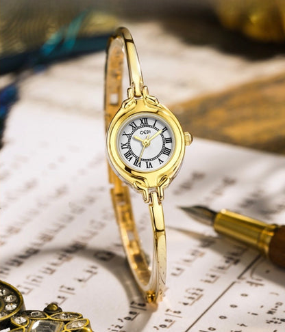 Vintage Women Quartz Watch Elegant Small Round Dial Alloy Bangle Bracelet Roman Numerals Waterproof Jewelry Timepiece