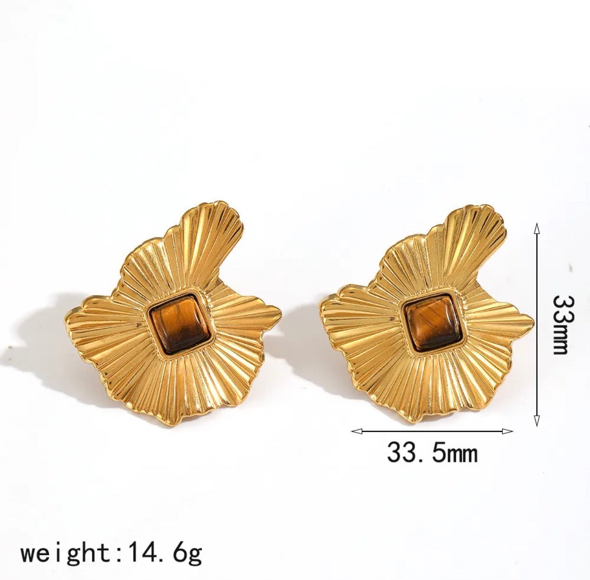 Leaf Earrings 18K Gold Plated Stainless Steel Tiger Eye Stone Bohemian
