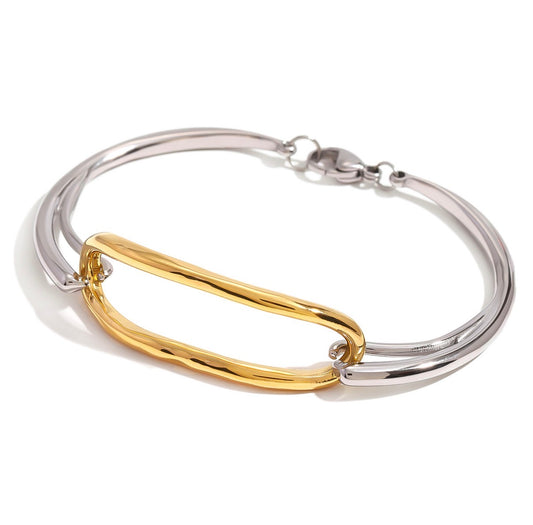 Geometric Bangle Bracelet Stainless Steel Two-Tone Gold Silver Plated Hammered Textured