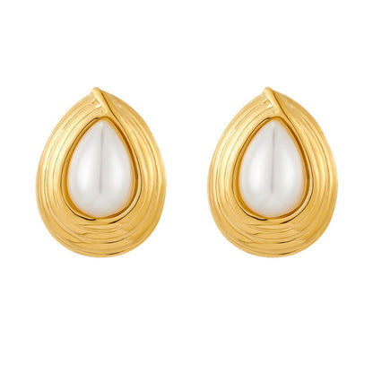 Teardrop Stud Earrings Stainless Steel 18K Gold Plated Faux Artificial Pearl