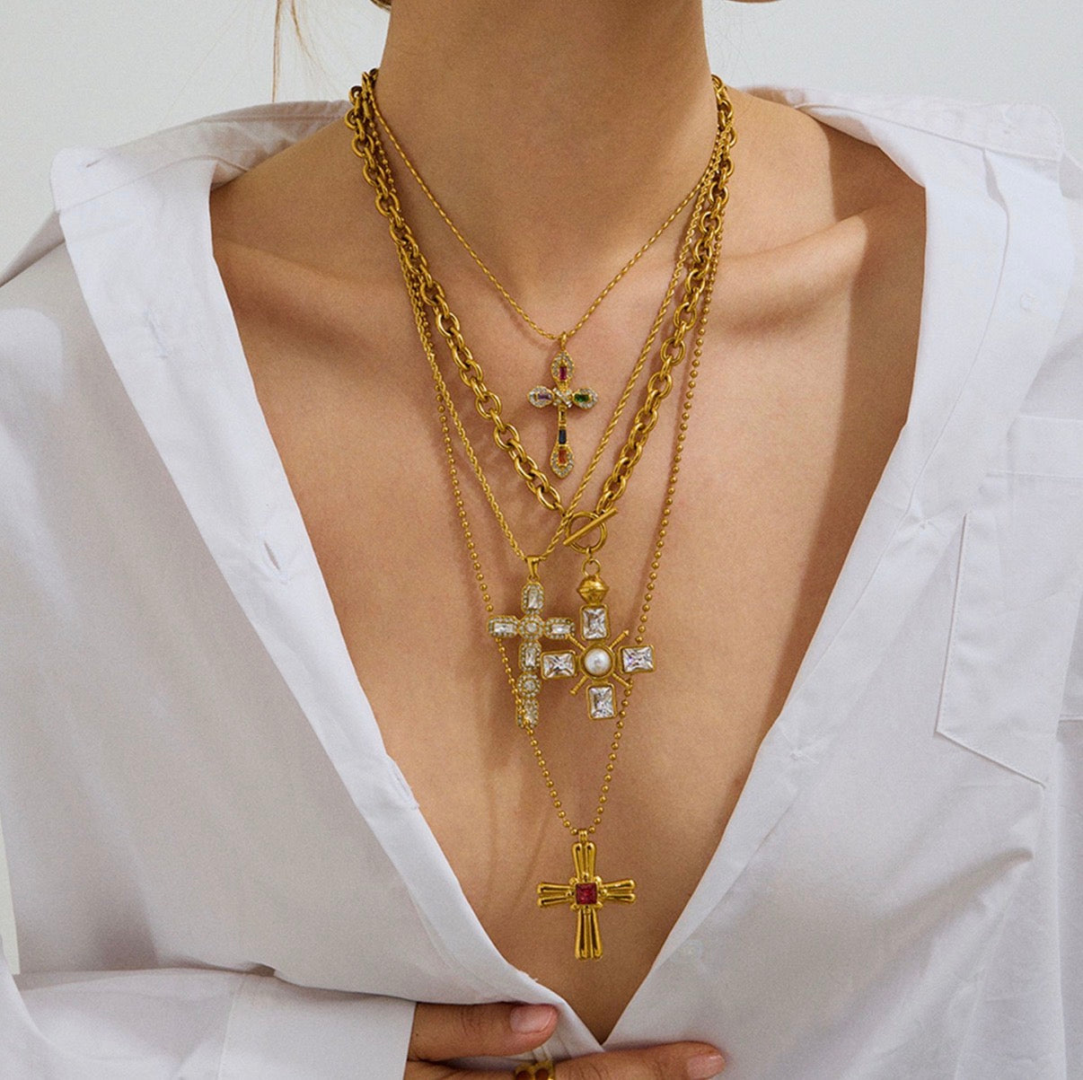Cross Pendant Necklace Faux Pearl 18K Gold Plated