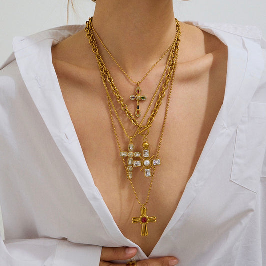 Cross Pendant Necklace Faux Pearl 18K Gold Plated