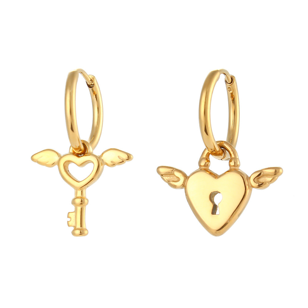 Heart & Key 18K Gold Plated Steel Earrings