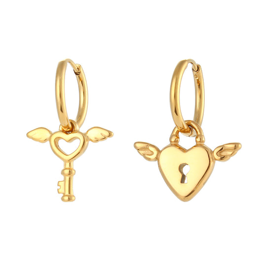 Heart & Key 18K Gold Plated Steel Earrings