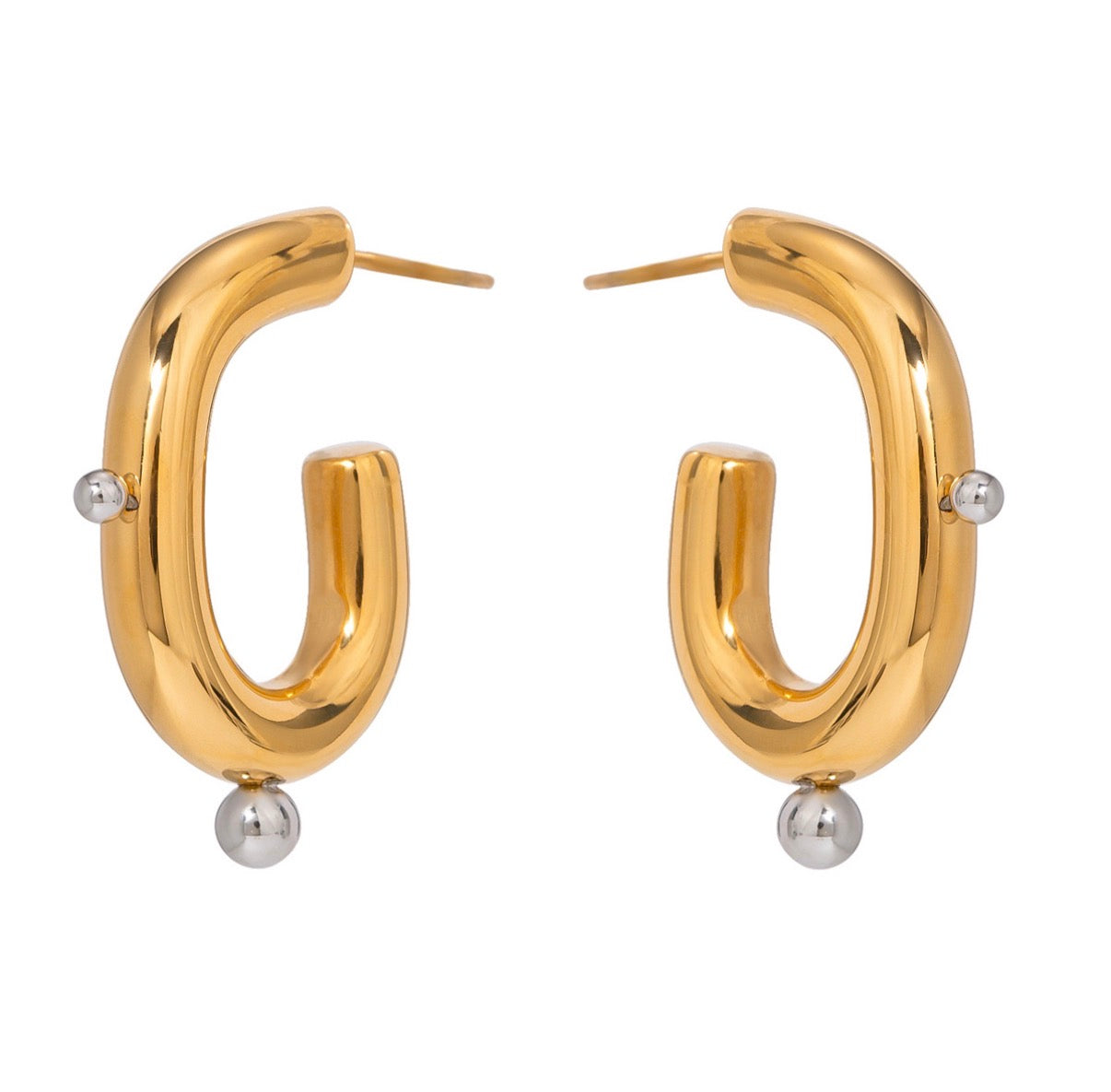 U-Shaped Hoop Earrings Stainless Steel Two-Tone Gold And Silver Ball Chunky