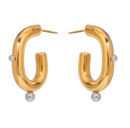 U-Shaped Hoop Earrings Stainless Steel Two-Tone Gold And Silver Ball Chunky