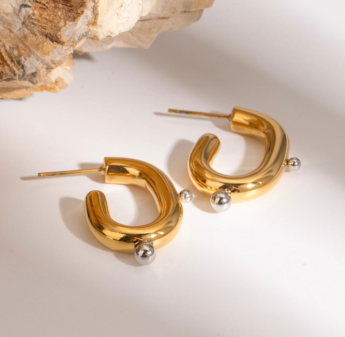 U-Shaped Hoop Earrings Stainless Steel Two-Tone Gold And Silver Ball Chunky