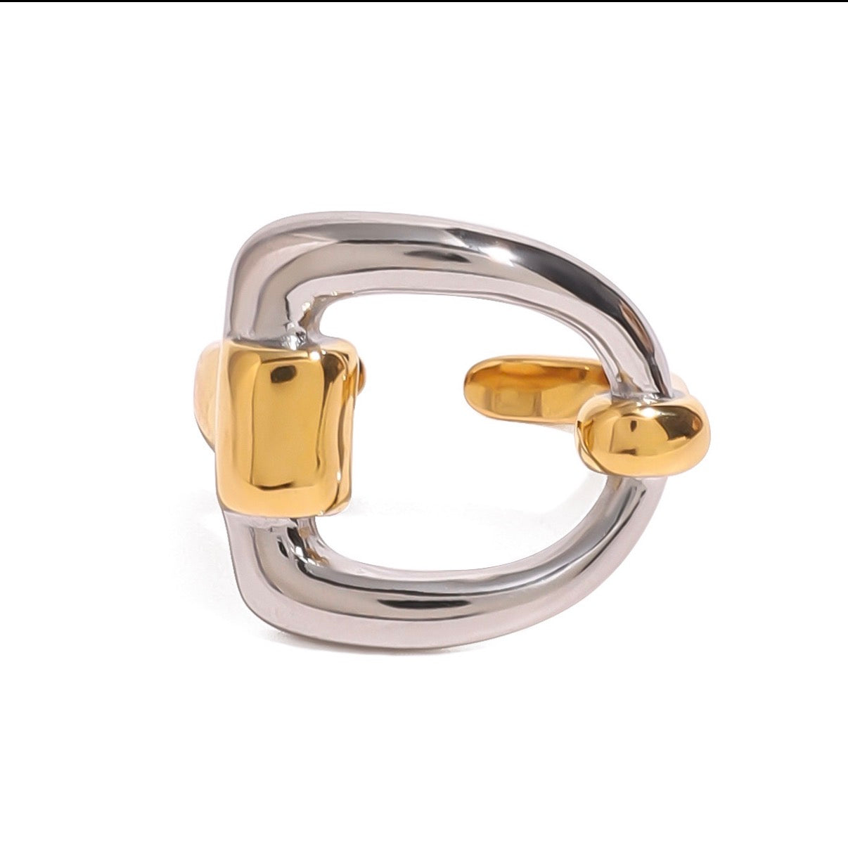 Ring Bicolor Gold Silver Horsebit Design Open Adjustable