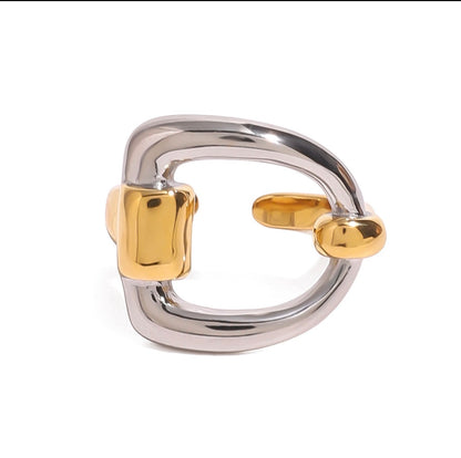 Ring Bicolor Gold Silver Horsebit Design Open Adjustable