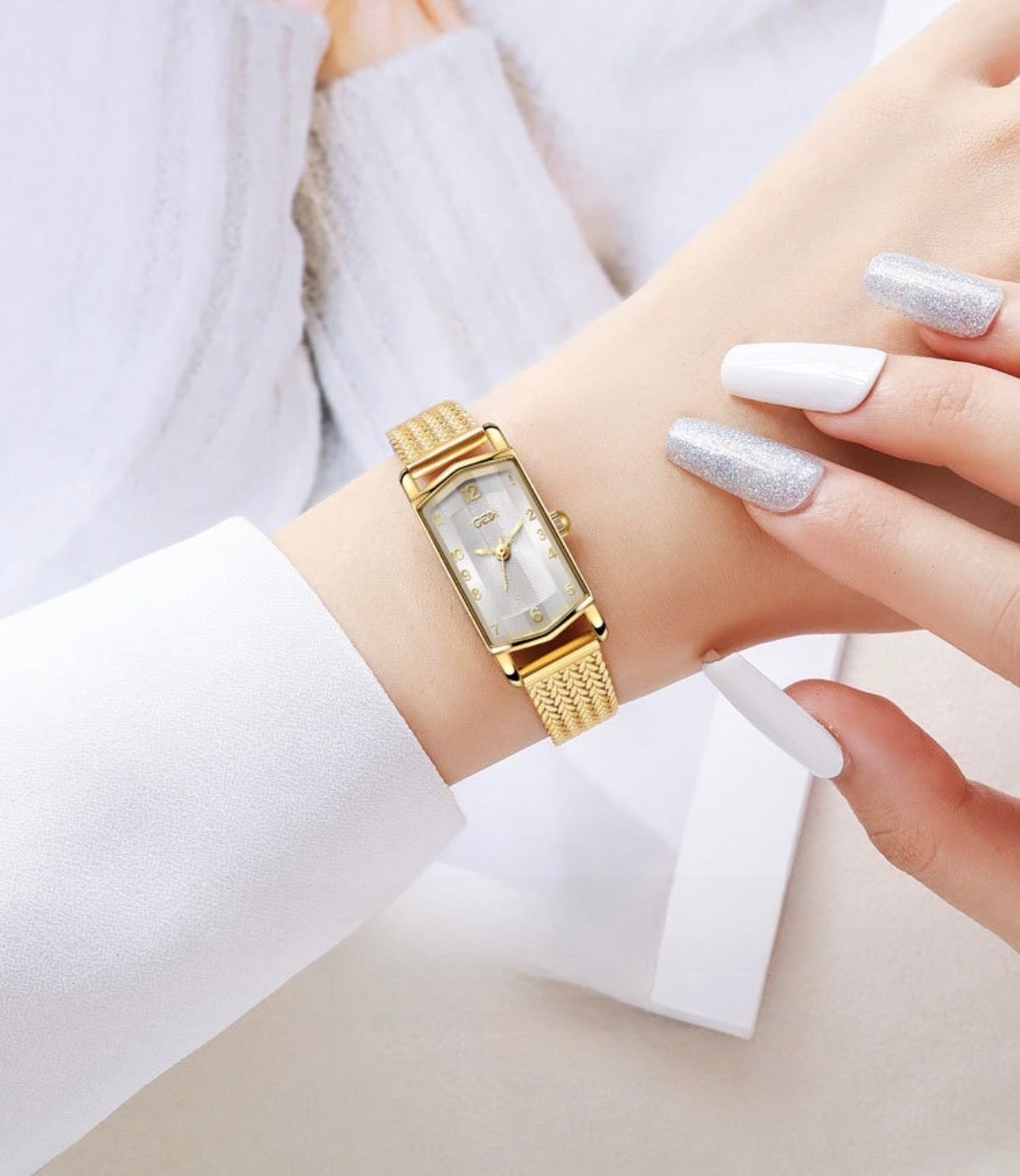 Women Quartz Wrist Watch Stainless Steel Milanese Mesh Strap Rectangular Dial Waterproof Retro
