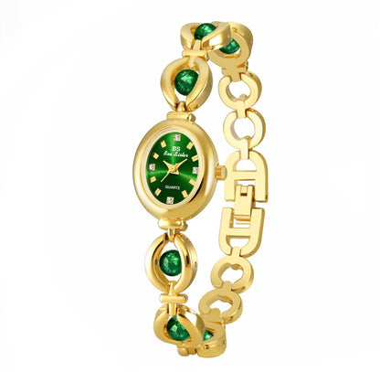 Elegant Women Quartz Bracelet Watch Alloy Oval Dial Artificial Pearl Green Gemstone Rhinestone Wristwatch