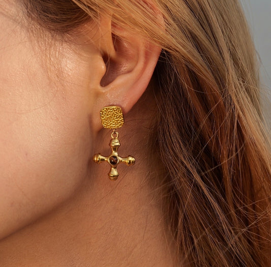 Vintage 18K Gold Plated Stainless Steel Tiger Eye Stone Earrings