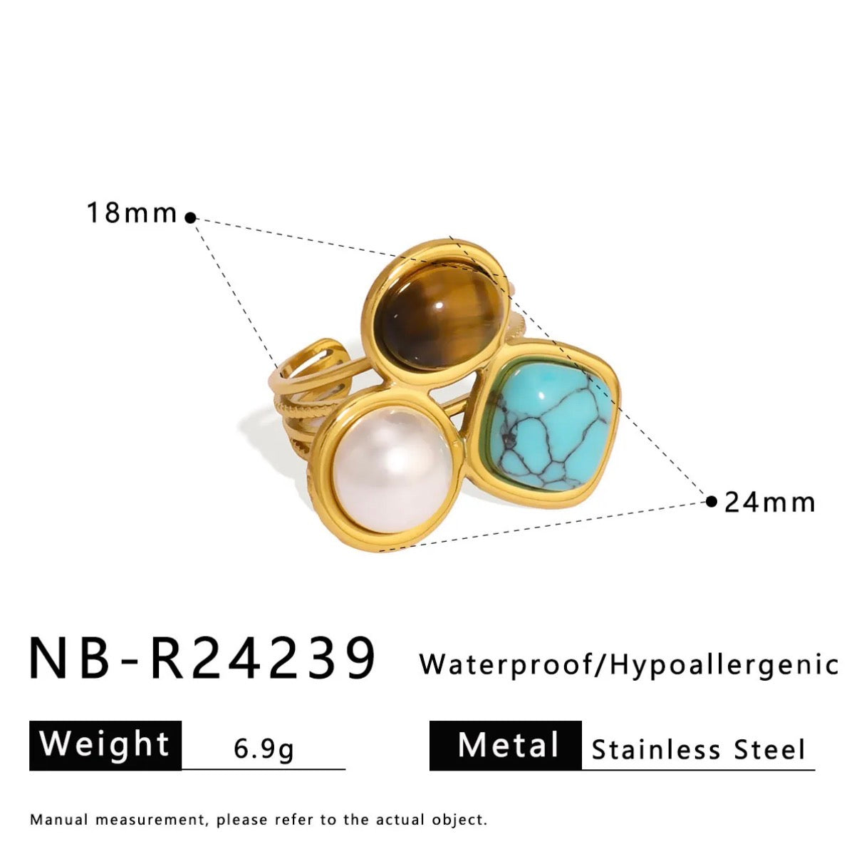 Vintage Natural Stone Ring Stainless Steel Adjustable Open Band Turquoise Tiger Eye Artificial Pearl Jewelry
