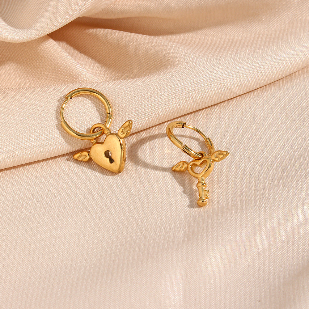 Heart & Key 18K Gold Plated Steel Earrings