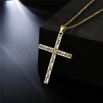 Zircon Cross 18K Gold Gold Plated Steel Pendant Necklace