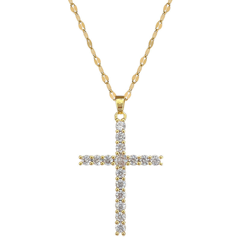 Cross Zircon 18K Gold Plated Steel Pendant Necklace