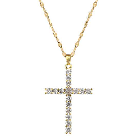 Cross Zircon 18K Gold Plated Steel Pendant Necklace