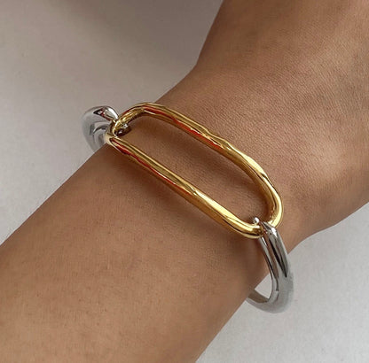 Geometric Bangle Bracelet Stainless Steel Two-Tone Gold Silver Plated Hammered Textured