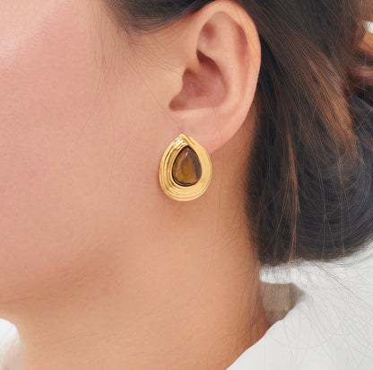 Vintage Teardrop Stud Earrings Tiger Eye Stone Faux
