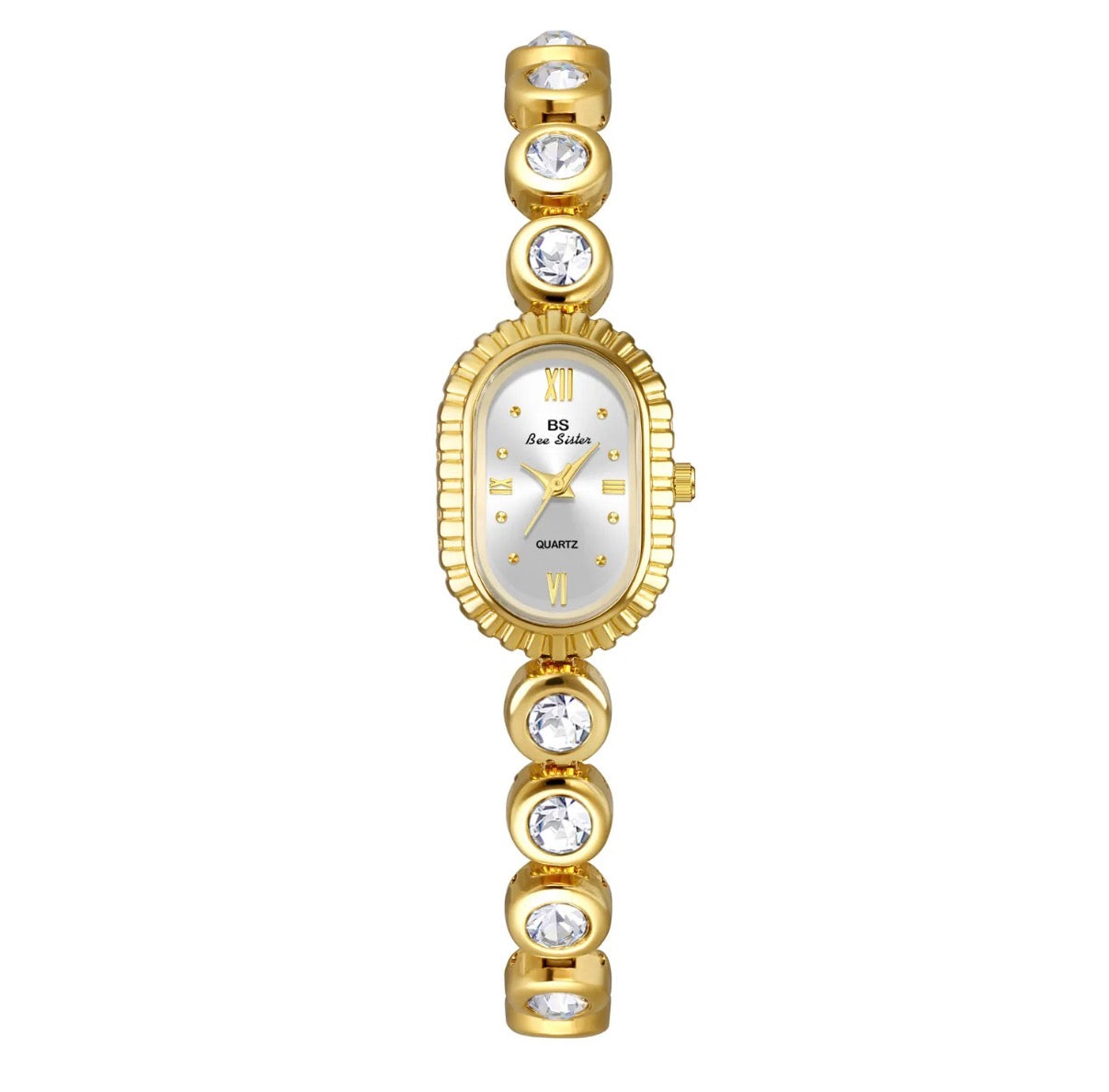 Vintage Women Quartz Watch Alloy Oval Dial Rhinestone Inlaid Wristwatch