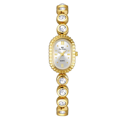 Vintage Women Quartz Watch Alloy Oval Dial Rhinestone Inlaid Wristwatch