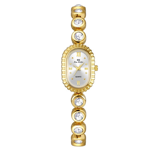 Vintage Women Quartz Watch Alloy Oval Dial Rhinestone Inlaid Wristwatch