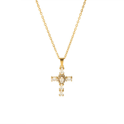 Rhinestone Cross Necklace 18K Gold Plated Steel