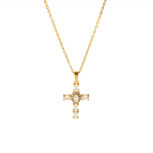 Rhinestone Cross Necklace 18K Gold Plated Steel