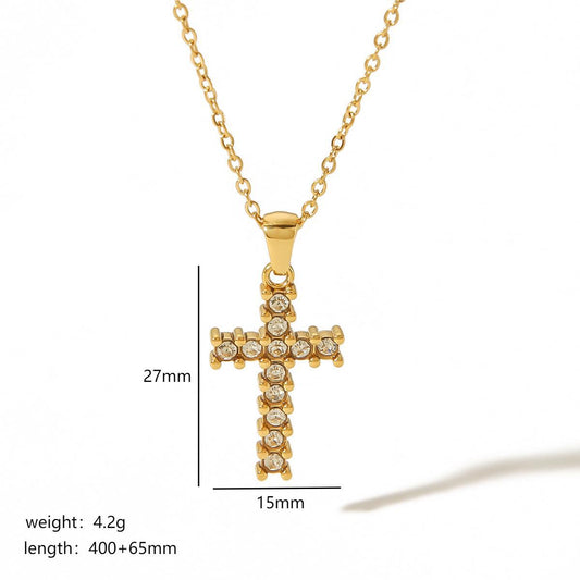 Rhinestone Cross Necklace 18K Gold Plated Steel