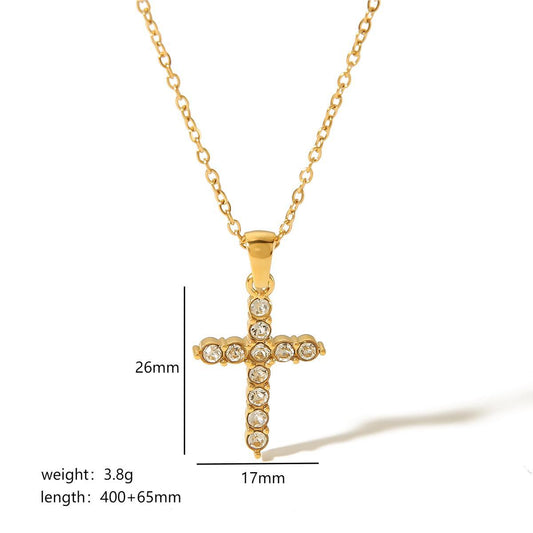 Rhinestone Cross Necklace 18K Gold Plated Steel