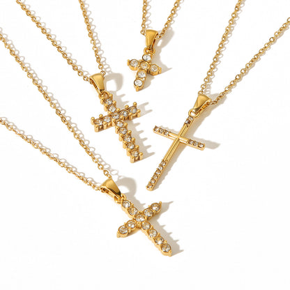 Rhinestone Cross Necklace 18K Gold Plated Steel