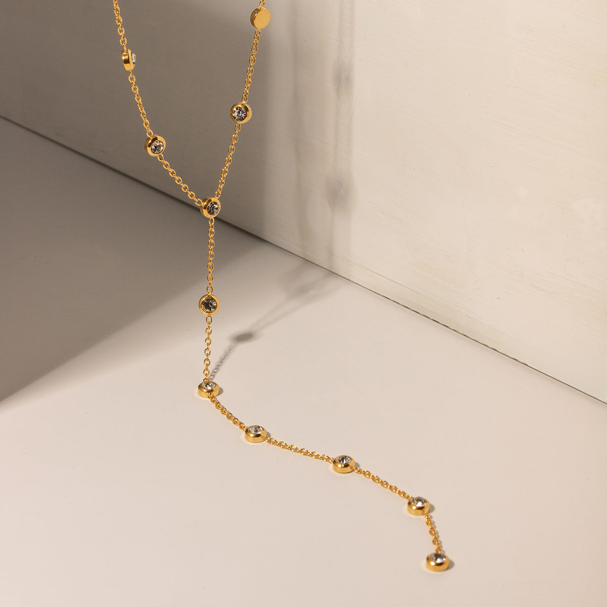 Rhinestone Tassel Pendant Y-shaped Necklace 18K Gold Plated Steel