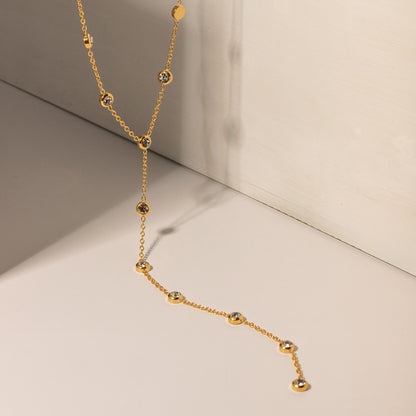 Rhinestone Tassel Pendant Y-shaped Necklace 18K Gold Plated Steel