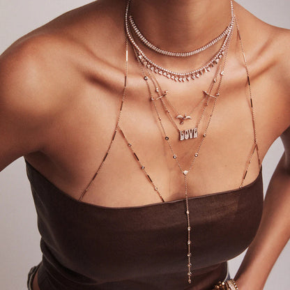 Rhinestone Tassel Pendant Y-shaped Necklace 18K Gold Plated Steel