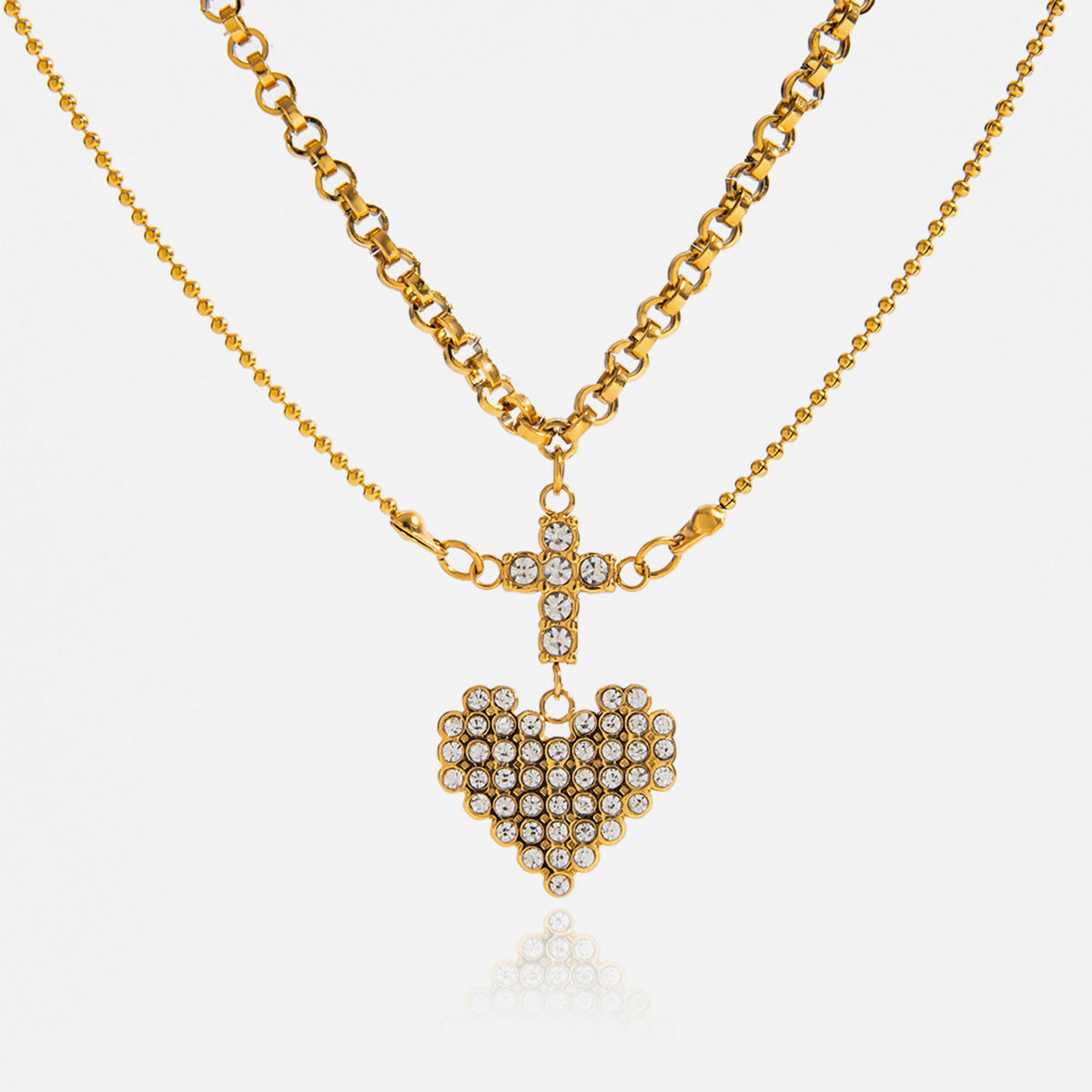 Sweet And Romantic 18k Gold Stainless Steel Cross Heart Pendant Necklace With Rhinestones