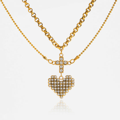 Sweet And Romantic 18k Gold Stainless Steel Cross Heart Pendant Necklace With Rhinestones