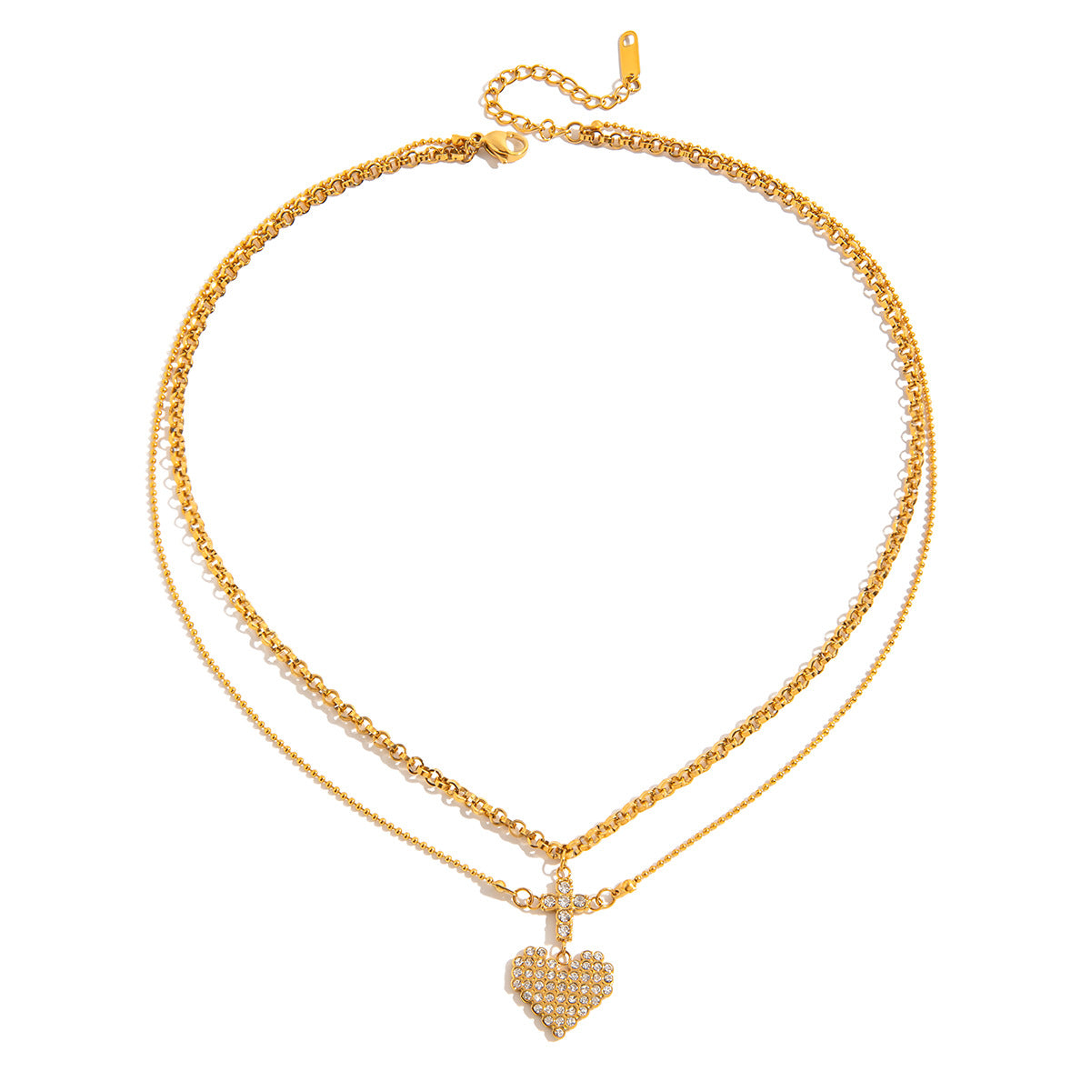 Sweet And Romantic 18k Gold Stainless Steel Cross Heart Pendant Necklace With Rhinestones