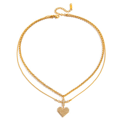 Sweet And Romantic 18k Gold Stainless Steel Cross Heart Pendant Necklace With Rhinestones