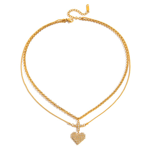 Sweet And Romantic 18k Gold Stainless Steel Cross Heart Pendant Necklace With Rhinestones