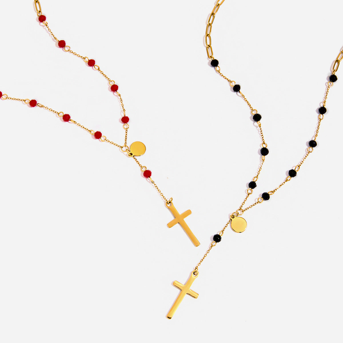 Black Bead Cut Round Cross Pendant Necklace 18K Gold Stainless Steel