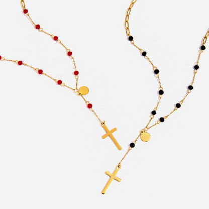 Black Bead Cut Round Cross Pendant Necklace 18K Gold Stainless Steel